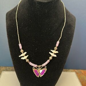 Vintage handmade silver and shell necklace purple butterfly